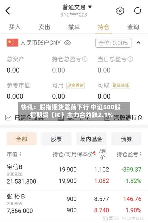 快讯：股指期货震荡下行 中证500股指期货（IC）主力合约跌2.1%
